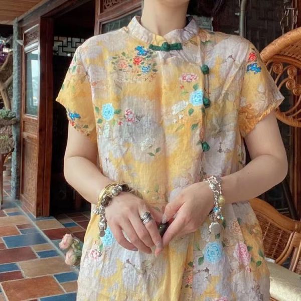 燕燕～純苧麻 文藝復古印花手工盤扣寬鬆 洋裝 連身裙  ab185901 
