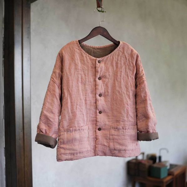 燕燕~色織亞麻 手工縫線小流蘇 大口袋文藝棉衣 棉服棉襖外套 