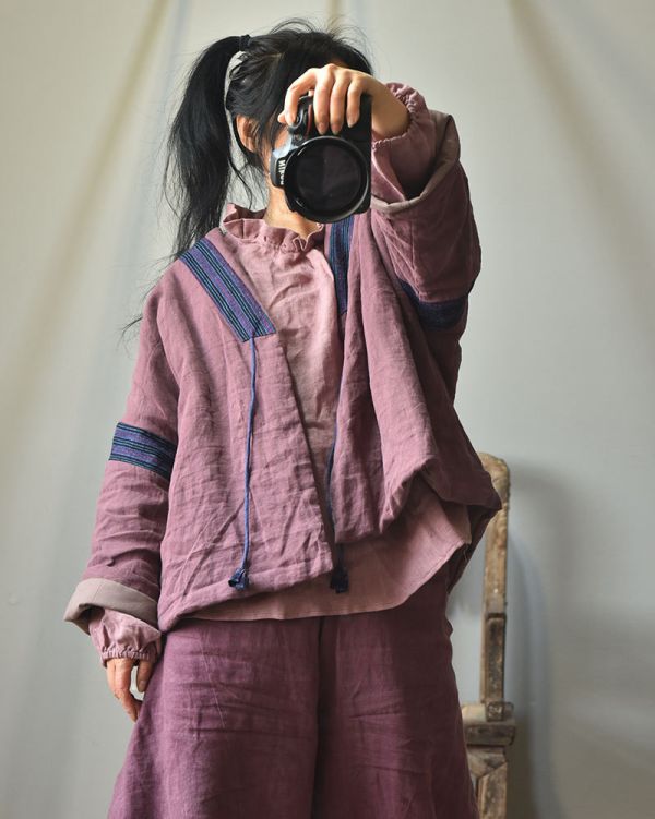 燕燕~秋冬款 亞麻短棉衣 復古老布料拼接繫帶開襟衫棉服外套 0 