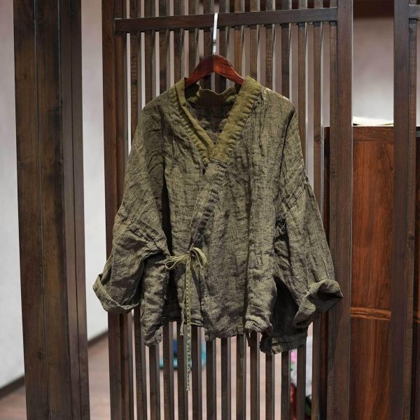 燕燕~寬鬆版型 高品質色織條紋亞麻 傳統中式交領上衣 外套 