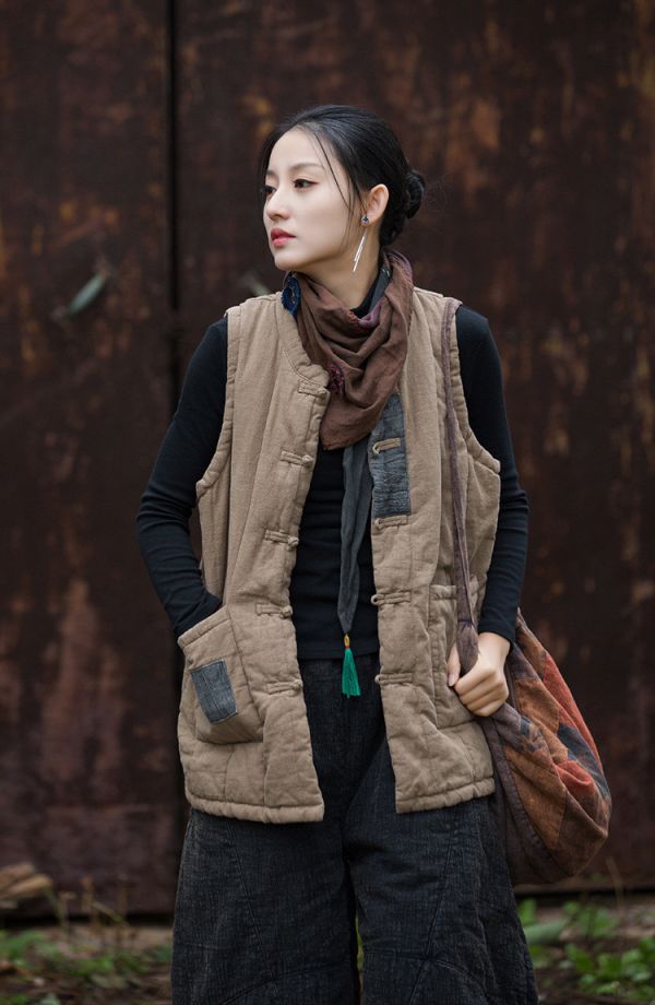 燕燕~秋冬新款 苧麻夾棉絎縫貼布外套 復古個性保暖背心 
