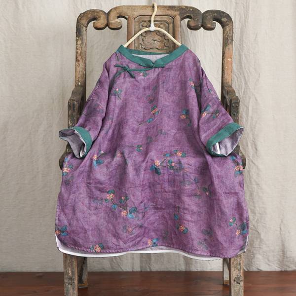 燕燕~棉麻商品 苧麻材質 印花中長款茶服襯衫 復古傳統手工縫盤扣上衣  