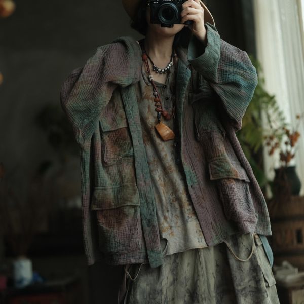 燕燕~植物染 復古翻領中式口袋棉麻外套 ab236301 