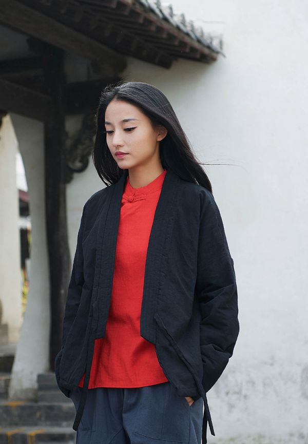燕燕~秋冬款 棉麻材質 復古外套夾棉改良款 短款棉服棉衣外套>短大衣 