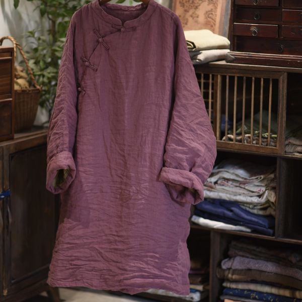 燕燕~砂洗亞麻 偏襟盤扣寬鬆棉衣長袍洋裝 連身裙 