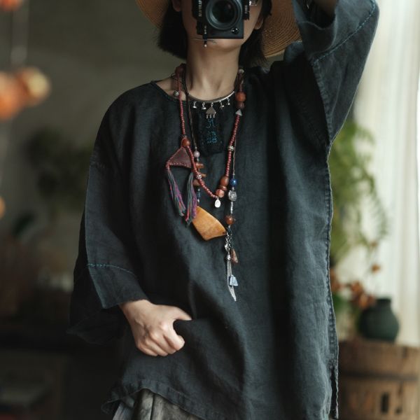 燕燕棉麻～百搭做舊雪花洗棉麻寬鬆文藝小衫 上衣   ab217801 