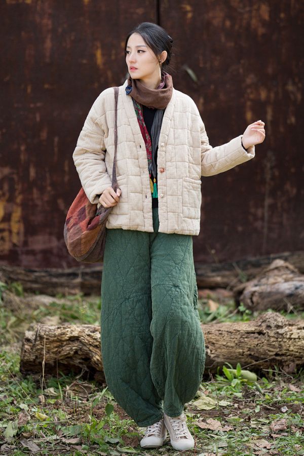 燕燕~冬季新款 復古夾棉絎縫菱形格加厚保暖燈籠棉褲 長褲 