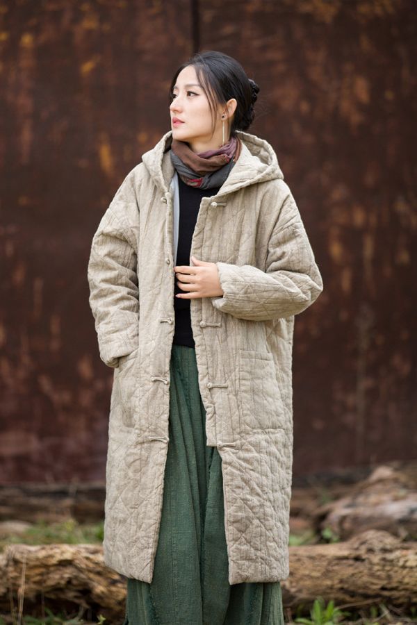 燕燕～苧麻 菱格絎縫棉服加厚保暖長款棉衣外套 