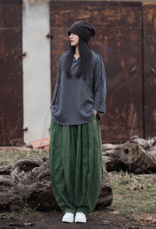 燕燕 秋冬新款  雙層棉砂洗磨毛百搭T恤 棉麻改良盤扣禪意上衣 