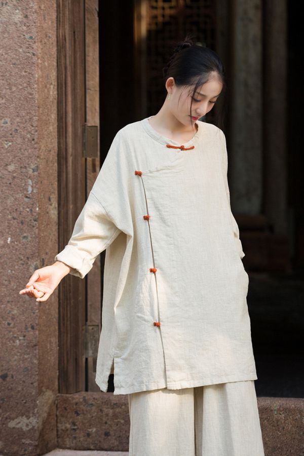 燕燕~秋季新款 苧麻砂洗大開襟衫 新中式改良簡約禪意上衣 
