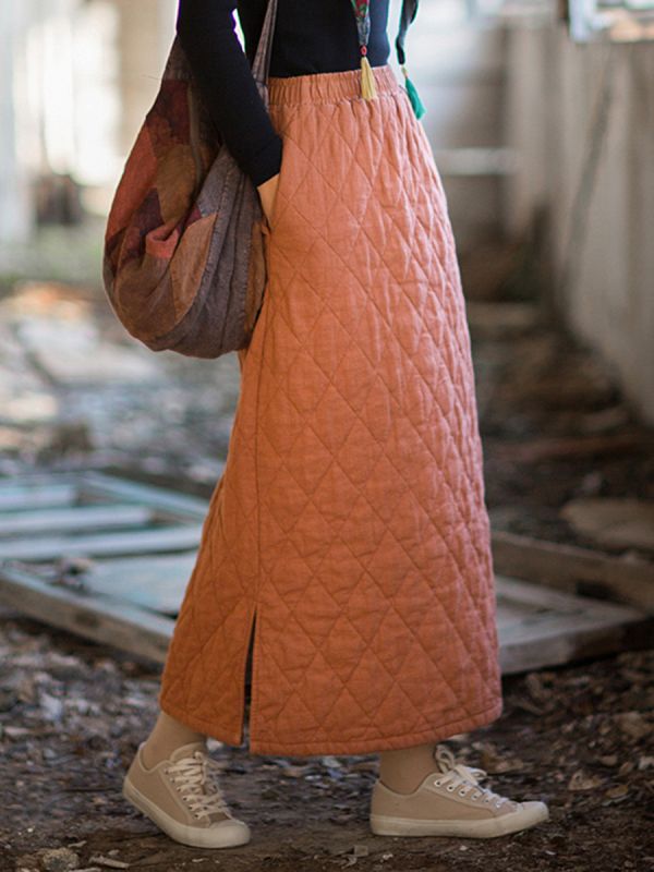 燕燕~冬季新款 苧麻夾棉加厚絎縫菱格長裙 