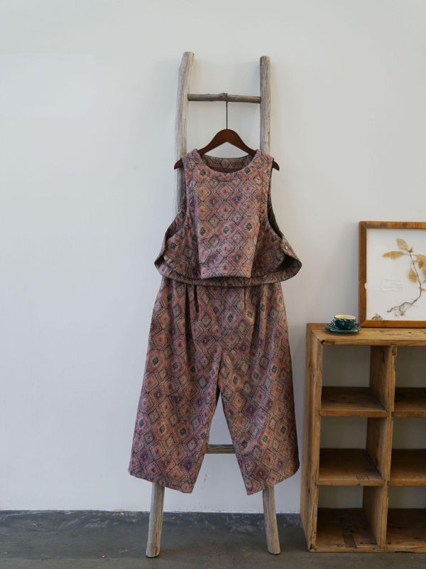 燕燕~復古印花磨毛撞擊色盤扣棉服外套 以及同花色長褲 （可搭成套裝） ab2540101 