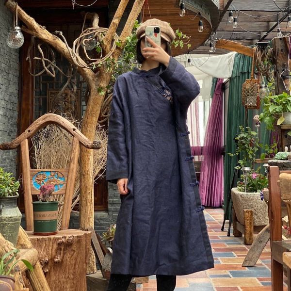 燕燕~棉麻商品~新中式色織蘭麻懷舊立領斜襟磨有里夾袍洋裝。連身裙。 ab176201 