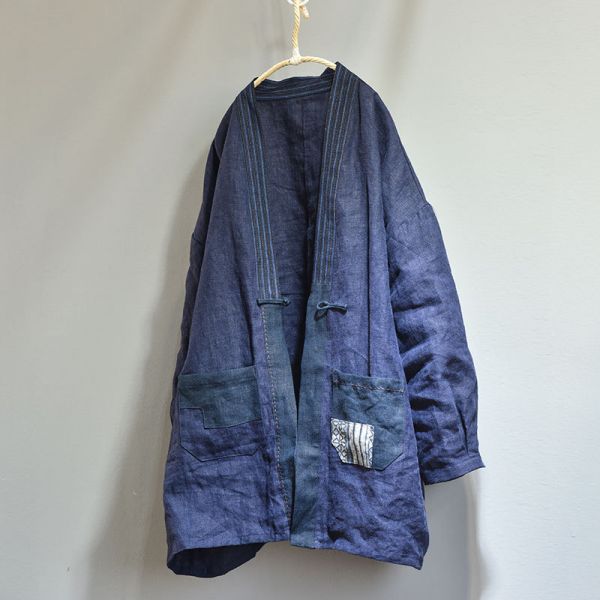 燕燕~棉麻商品~手工繡線 老土布拼接開衫盤扣茶服外套 