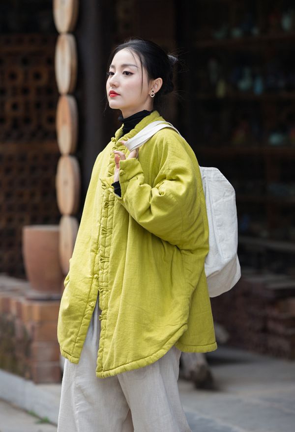 燕燕~棉麻商品~秋冬新款 苧麻棉   砂洗做舊禪系夾棉加厚女式盤扣棉服棉衣外套 