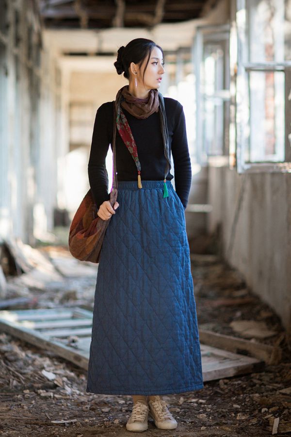 燕燕~冬季新款 苧麻夾棉加厚絎縫菱格長裙 