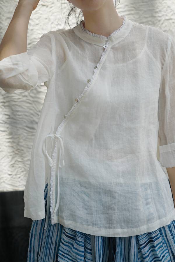 燕燕~棉麻商品~苧麻材質 花邊斜襟設計襯衫 上衣 長袖棉麻衫 1-2233 