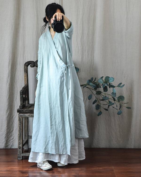 燕燕~棉麻商品~苧麻材質 交領繫帶漢服瑜伽服禪服長款外套 可當洋裝 連身裙 