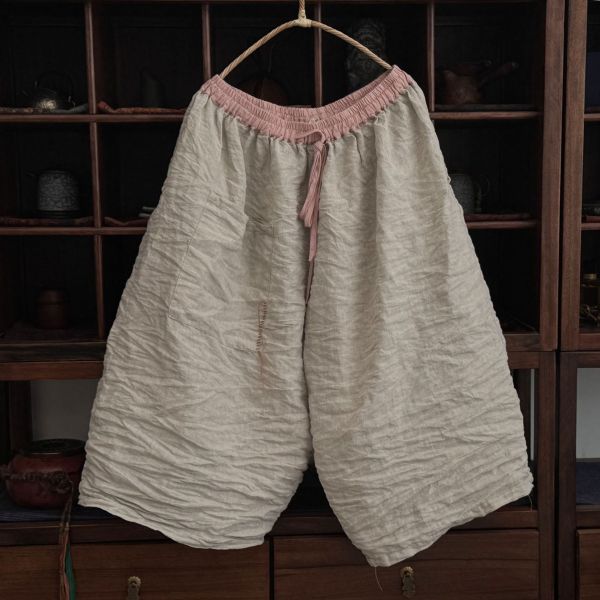 燕燕～亞麻～高品質砂洗寬鬆寬腿中褲 