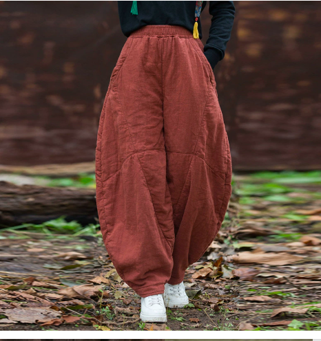 燕燕~秋冬款 苧麻夾棉  砂炒做舊垂感寬鬆燈籠褲 打坐禪修 太極褲 棉褲 
