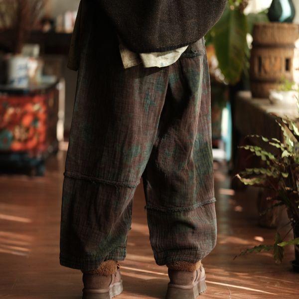 燕燕~復古文藝毛邊休閒褲寬鬆鬆緊腰闊腿褲 直筒褲 ab215101 (花色款） 