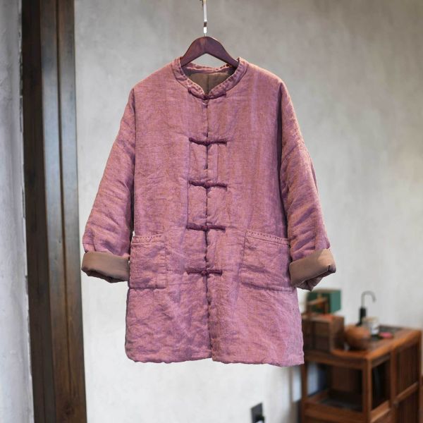 燕燕~冬季 色織亞麻加厚棉 手工縫線中長棉衣大口袋棉服棉襖外套 