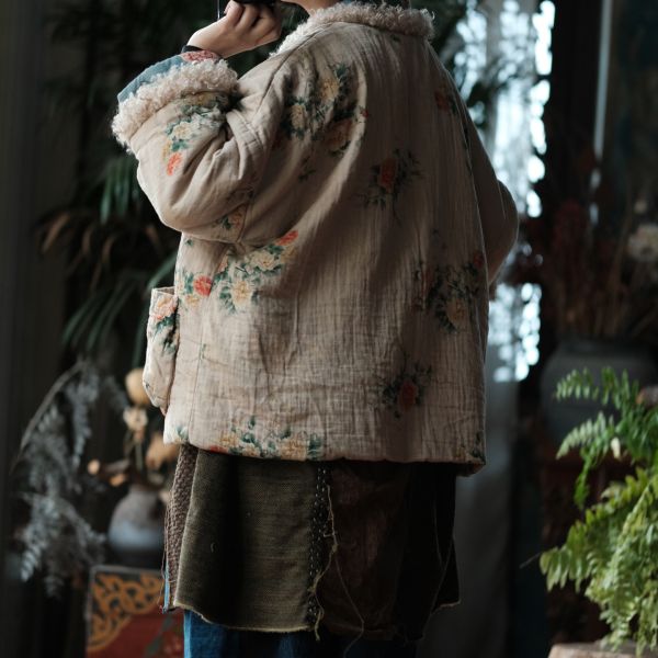 燕燕～復古文藝羊羔絨拼接印花寬鬆棉衣外套 ab226601 