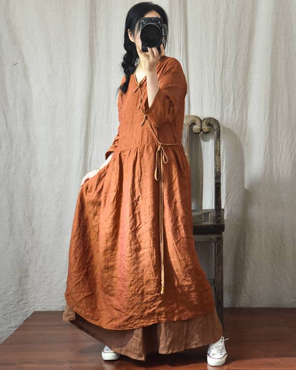 燕燕~棉麻商品~春夏秋新款 色織亞麻V領寬鬆繫帶盤扣洋裝 連身裙 