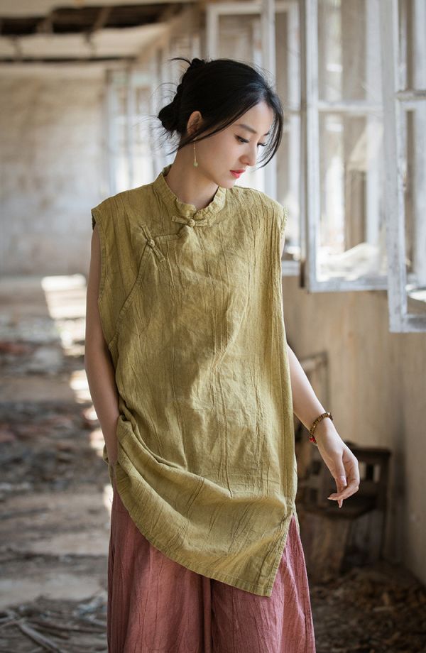 燕燕~夏季新款 苧麻薄款紮染全新中式盤扣無袖上衣 