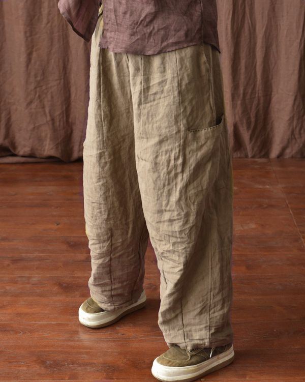 燕燕~春秋夏款 手工縫線工裝 亞麻寬鬆闊腿長褲 休閒褲 