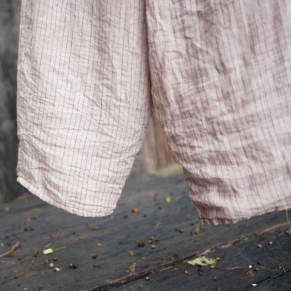 燕燕～亞麻 條紋色織鬆緊腰寬鬆顯瘦百搭直筒褲 長褲 