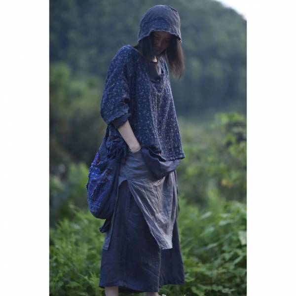 燕燕～早秋新品  雙層棉材質 印花寬鬆圓領半開套頭短衫上衣 長袖棉麻衫 