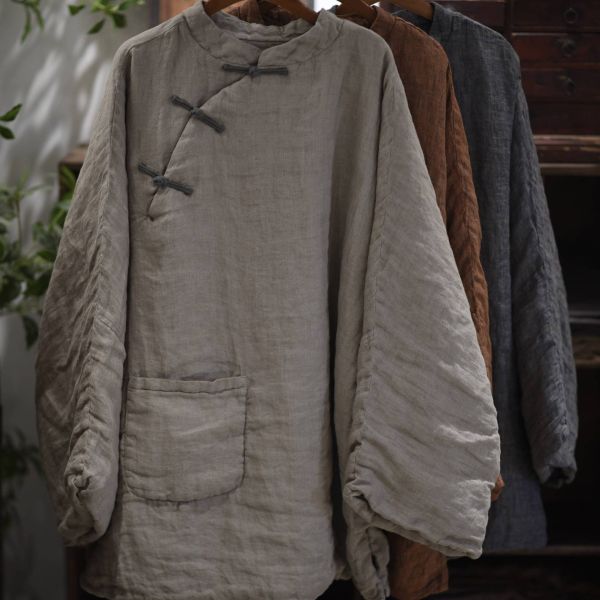 燕燕~秋款 色織亞麻中式復古偏襟盤扣中長小棉袍上衣 ab25301 