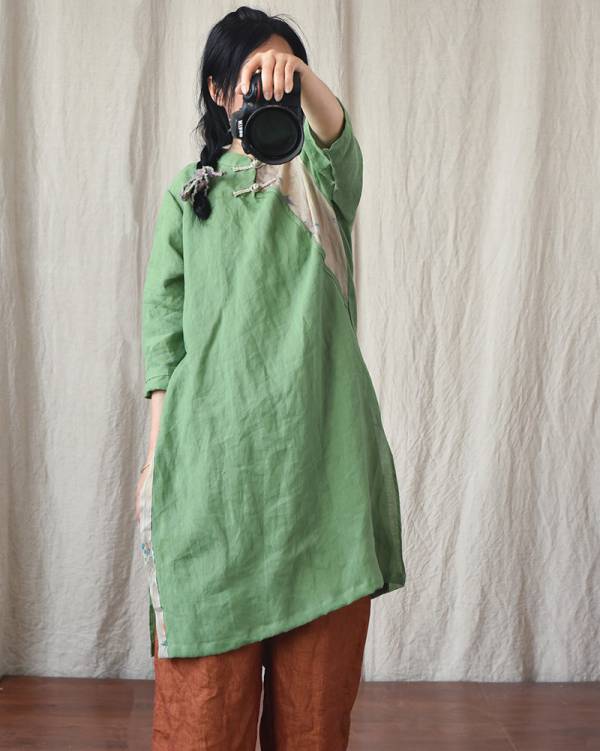 燕燕~棉麻商品 苧麻材質 旗袍款式 復古拼布百搭中長款長版上衣 可當洋裝 連身裙 