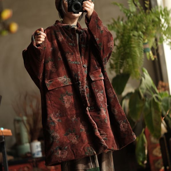 燕燕~秋冬款 文藝復古寬鬆粗條絨夾棉棉衣外套 長袍 ab214501 0 