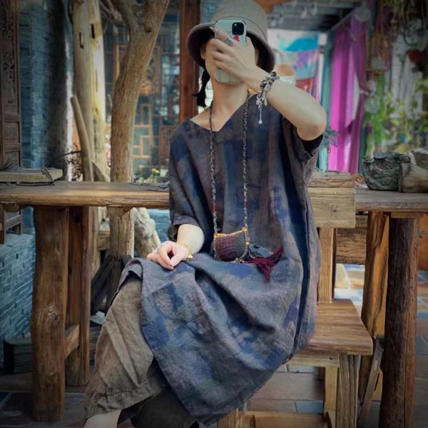 燕燕~春夏款 純亞麻 印花V領短 洋裝 連身裙。 ab193801 