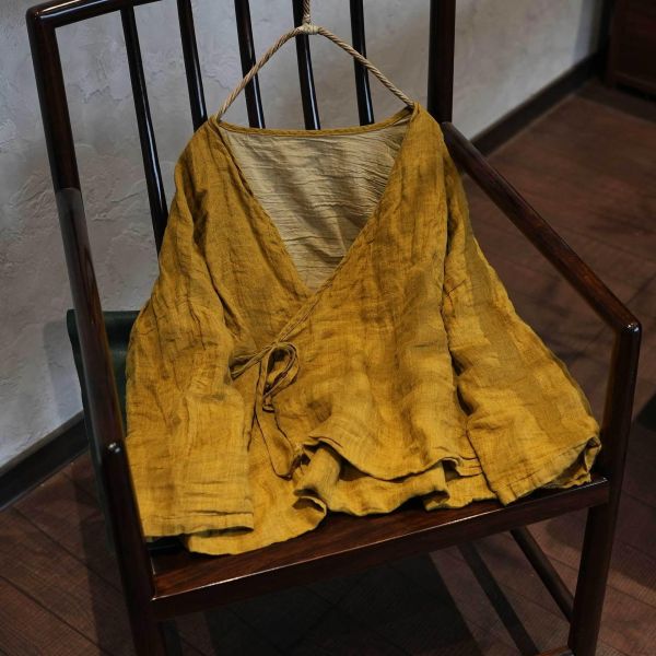 燕燕~春秋款 色織肌理感亞麻 傳統交領繫帶百搭襯衫 長袖上衣開襟衫 