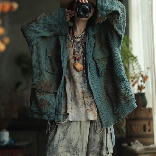 燕燕~植物染 復古翻領中式口袋棉麻外套 ab236301 