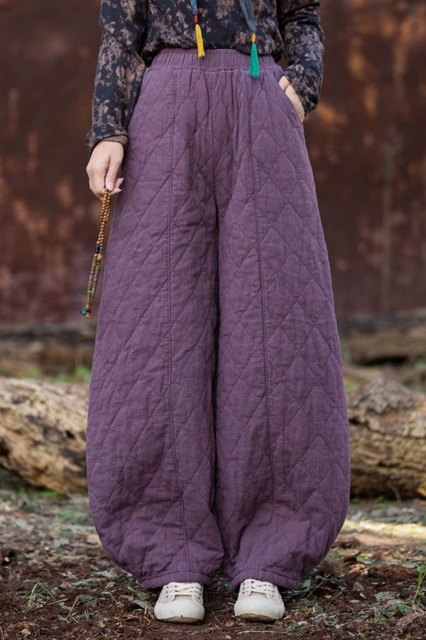 燕燕~冬季新款 復古夾棉絎縫菱形格加厚保暖燈籠棉褲 