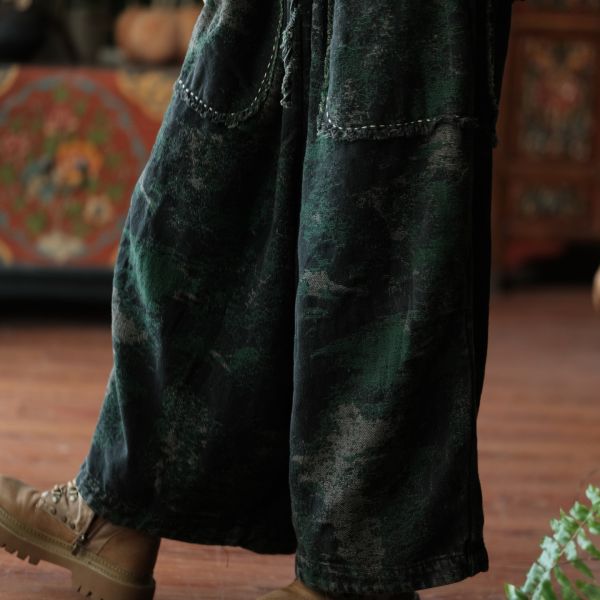 燕燕~秋冬新款 復古保暖休閒褲 設計感中式文藝加厚麻棉提花闊腿褲 ab080301 