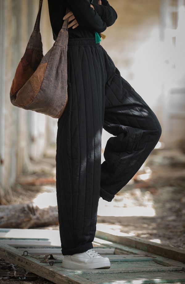 燕燕~冬季新款 夾棉加厚保暖休閒褲 絎縫豎格個性棉褲 長褲 