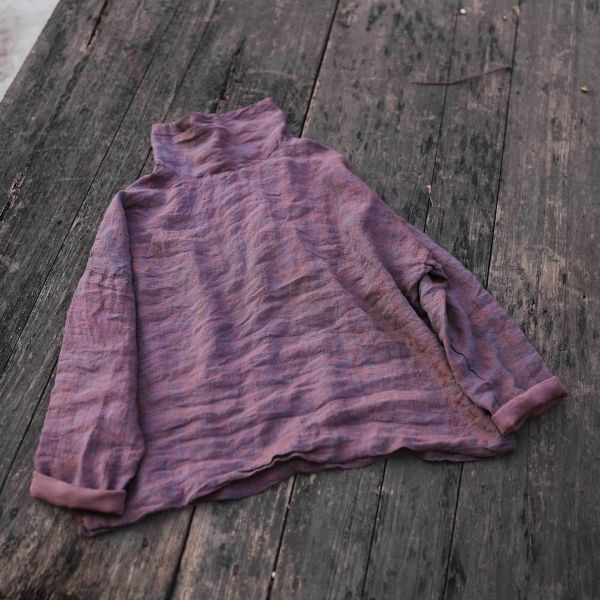 燕燕~色織亞麻 堆堆領上衣 文藝寬鬆上衣長袖襯衫 