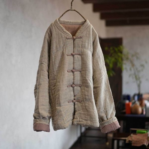 燕燕！手工盤扣 成衣水洗 高品質色織亞麻 加厚大版寬鬆盤扣棉襖外套 ab446101 