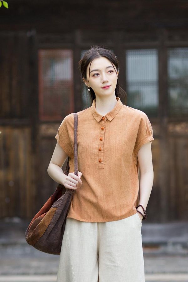 燕燕~夏季新款 文藝復古翻領落肩時尚休閒百搭上衣 短袖苧麻襯衫 