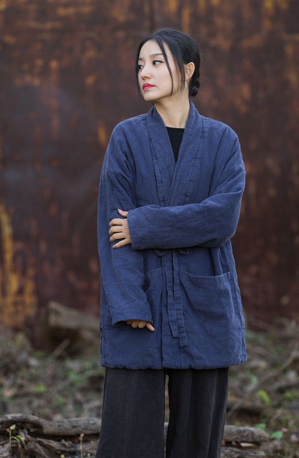 燕燕~秋冬新品  苧麻炒色夾棉加厚復古改良禪意風女式中長棉衣外套 