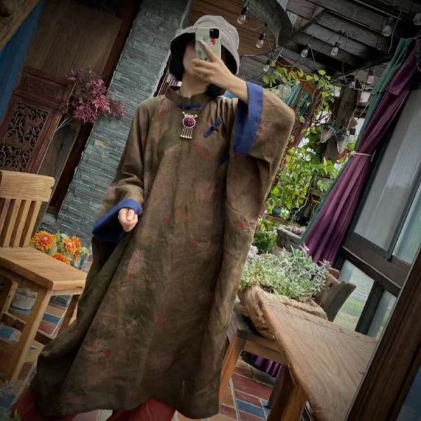 燕燕~棉麻商品~秋款 純亞麻 復古印花盤扣中式長袍洋裝 連身裙 