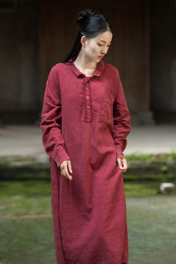 燕燕~秋季新款 莧麻磨毛砂洗炒色女禪意長袍洋裝 連身裙 
