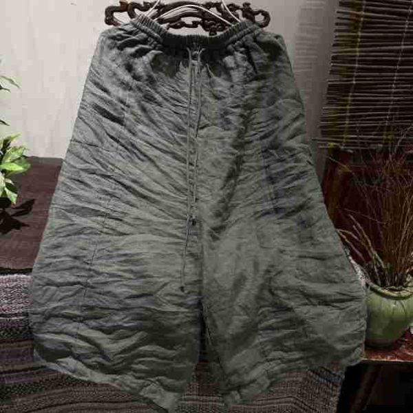 燕燕. 春夏 苧麻  寬筒休閒抽繩七分褲  闊腿褲 民俗風寬褲 