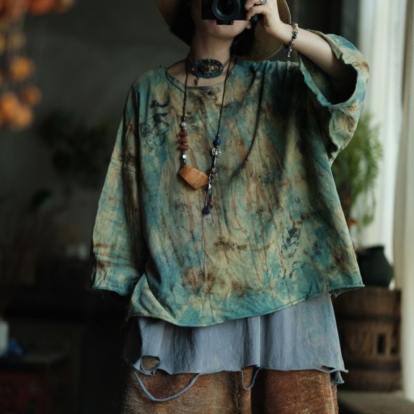 燕燕~復古手工植物染針織棉寬鬆百搭打底T恤 上衣 ab237201 