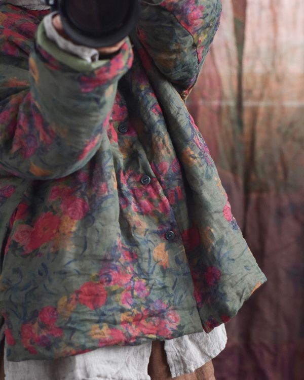 燕燕～秋冬款 苧麻   印花大尺碼 寬鬆文藝復古棉衣 國風中長棉服上衣 